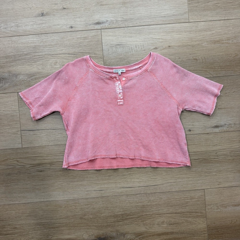 Fitz + Eddi Waffle Knit Cropped Henley Top Pink Coral Short Sleeve Women's M